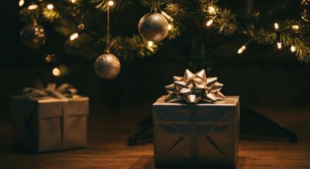 Christmas presents under a decorated tree.  Soft light