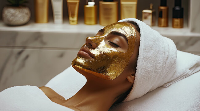 woman relaxes with gold facial mask in spa setting, surrounded by luxurious skincare products. her rejuvenation experience