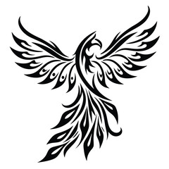 Stylized phoenix soars with tribal wing patterns, displaying elegant monochrome form