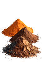 Three piles of different colored powders