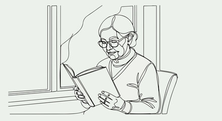 Reading book next to window shows elderly woman with eyeglasses enjoying literature. Reading book provides relaxation as senior woman sits by window, absorbed in story.
