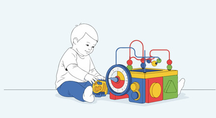 Naklejka premium Child playing with toy, enjoying colorful activity box, toddler explores a fun, educational play cube. Little child playing with toy that hones motor skills, enhances cognitive development.