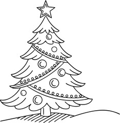 Decorated Christmas Tree with Star and Ornaments Line Art Vector