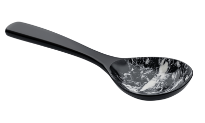 Black soup spoon with glossy marbled bowl and ergonomic handle.