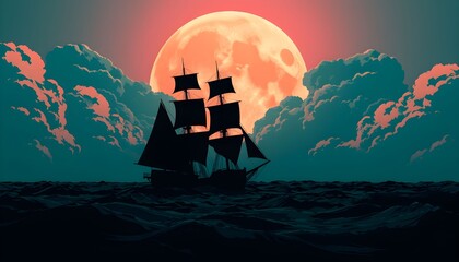 Silhouette of a ship sailing on the sea under a full moon.