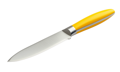 Stainless steel paring knife with a sharp blade and glossy yellow ergonomic handle.