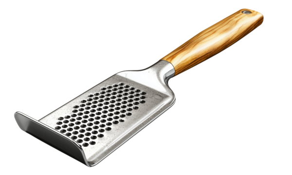 Handheld stainless steel grater with a wooden handle and raised guard, ideal for grating cheese, citrus zest, and spices