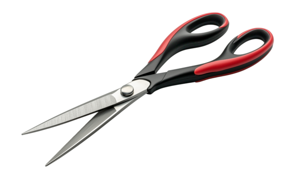 Stainless steel scissors with sharp blades and red-black ergonomic handles, featuring a pivot screw and serrated edge for precise cutting