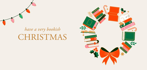 Christmas wreath book fair poster and banner. Winter book sale vector illustration.