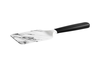 Marble-patterned flat spatula with black handle, featuring an angled rectangular blade for flipping and serving.