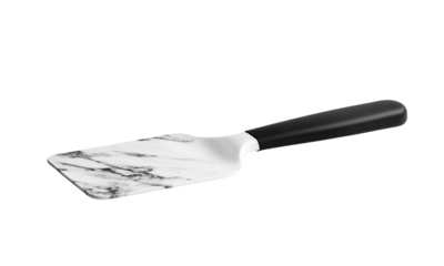 Marble-patterned flat spatula with black handle, featuring an angled rectangular blade for flipping and serving.