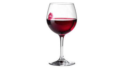 A wine glass filled with red wine, a kiss mark on the surface