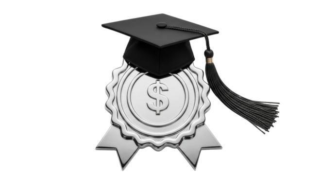 Isolated Graduation cap on award badge with dollar sign, investment in education concept