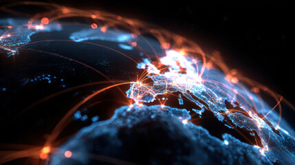 Global network digital map Europe data flow, glowing links connect trade routes