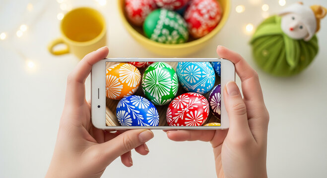 Taking a photo of colorful easter eggs decorated with white patterns using a smartphone, with a yellow cup and bunny decoration