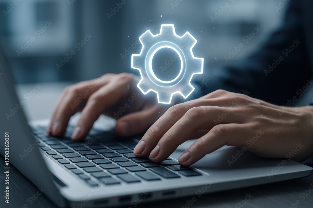 Poster technology configuration in action: a close-up view of hands on a laptop keyboard, with a glowing ge