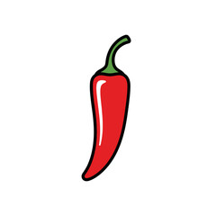 Cartoon Red Chili Pepper with Green Stem and Black Outline