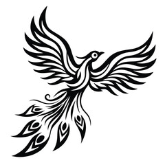 Ornate Phoenix is gracefully soaring, its elaborate black silhouette contrasts with the bright white background