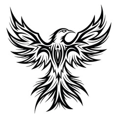 Tribal black bird spreads its patterned wings out against a white backdrop