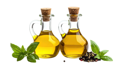 Two glass bottles of oil with herbs and spices