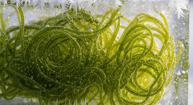 Green marine algae frozen inside a solid ice block.
A mesmerizing and unique macro shot of vibrant green, ribbon-like marine algae or seaweed frozen within a solid, clear block of ice
