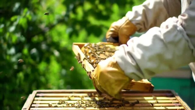 A beekeeper skillfully inspects a honeycomb frame surrounded by buzzing bees in a lush green setting.