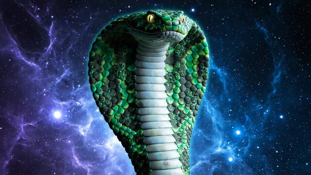 Majestic cobra emerges from cosmic nebula, its scales shimmering with otherworldly energy and its gaze piercing through the void, symbolizing power and mystery in the vast universe.