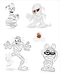 Collection of cartoon mummies in various poses and expressions.