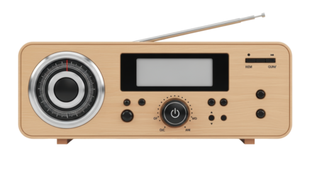 Isolated vintage style radio receiver with wooden cabinet and digital display panel screen