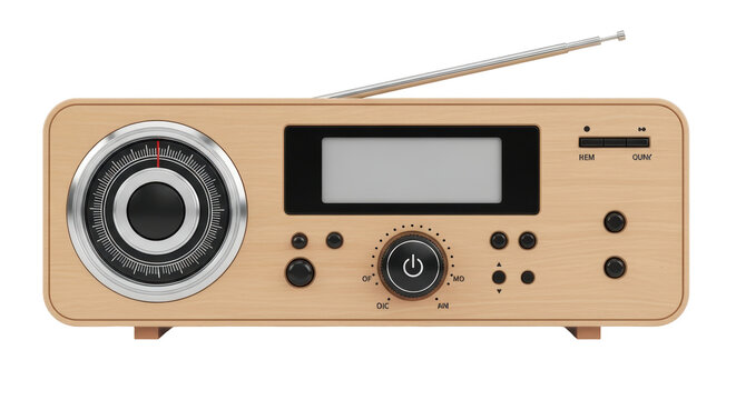 Isolated vintage style radio receiver with wooden cabinet and digital display panel screen