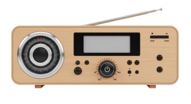 Isolated vintage style radio receiver with wooden cabinet and digital display panel screen
