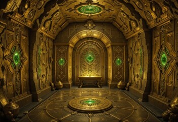 Obraz premium Peridot Patterned Chamber Gold Mine, Peridot Jewels, Geometric Patterns, Cave, Chamber, Fantasy Ambiance, Hidden