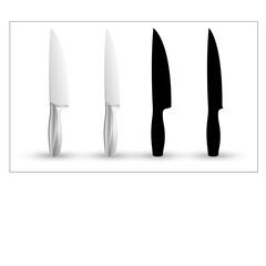 Collection of realistic chef knives and black silhouettes.
