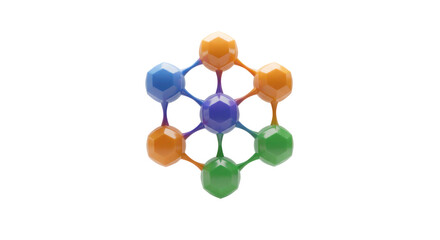A vibrant, interconnected molecular structure featuring colorful spheres forming a complex hexagonal network, symbolizing data, science, and technology.