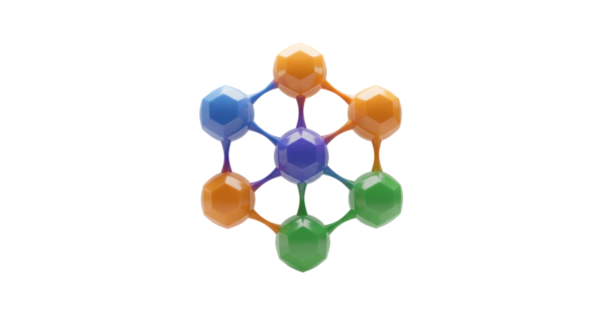 A vibrant, interconnected molecular structure featuring colorful spheres forming a complex hexagonal network, symbolizing data, science, and technology.