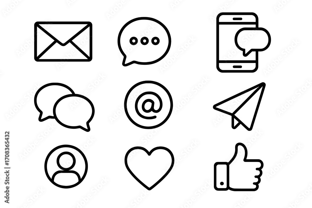 Poster communication and messaging outline icon set. social media interface elements for web and mobile. ve