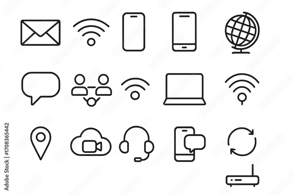 Aufkleber communication and network linear icon set. digital technology and internet connectivity symbols. web