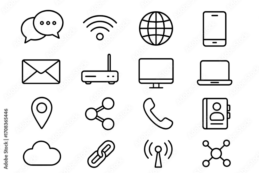 Poster communication and network linear icon set. digital technology and internet connectivity symbols. web
