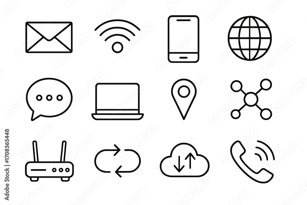 Poster communication and network linear icon set. digital connectivity, internet, and device icons. vector 