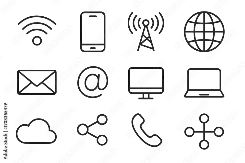 Aufkleber communication and network linear icon set. digital connectivity, internet and device icons. web, mob