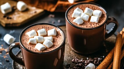 Delicious hot chocolate with marshmallows and cinnamon sticks for cozy winter evenings - Powered by Adobe