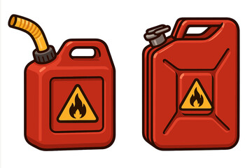 Set of two red plastic fuel canisters, a gas can and a jerrycan. Vector cartoon illustration with flammable safety warning sign. Isolated gasoline and diesel containers.