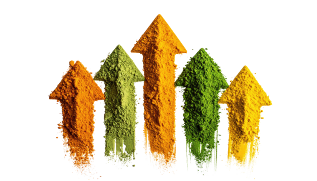 Colorful spice powder arrows against black