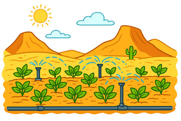 Desert farming with an irrigation system. Agriculture technology concept. Plant cultivation with automatic sprinklers. Watering crops in arid landscape. Smart farm vector.