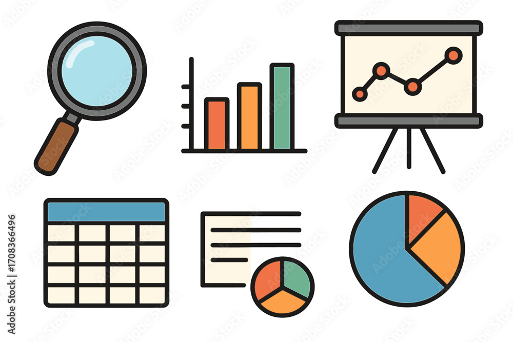 Aufkleber data analysis infographic elements set. icons for business report and presentation. chart, graph, di