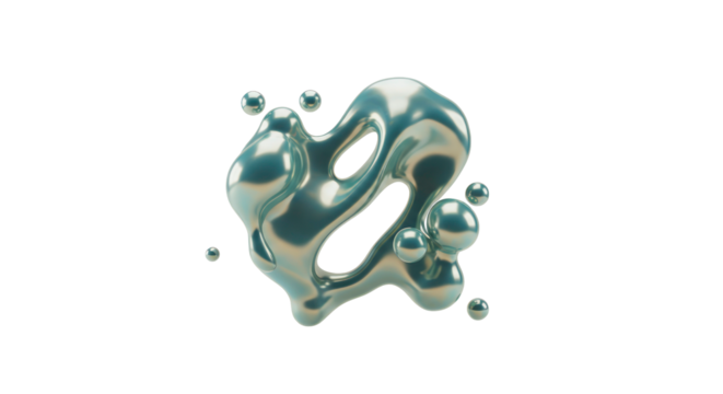 A mesmerizing abstract metallic liquid form, resembling polished chrome, floats gracefully with reflective spheres against a pure white background.