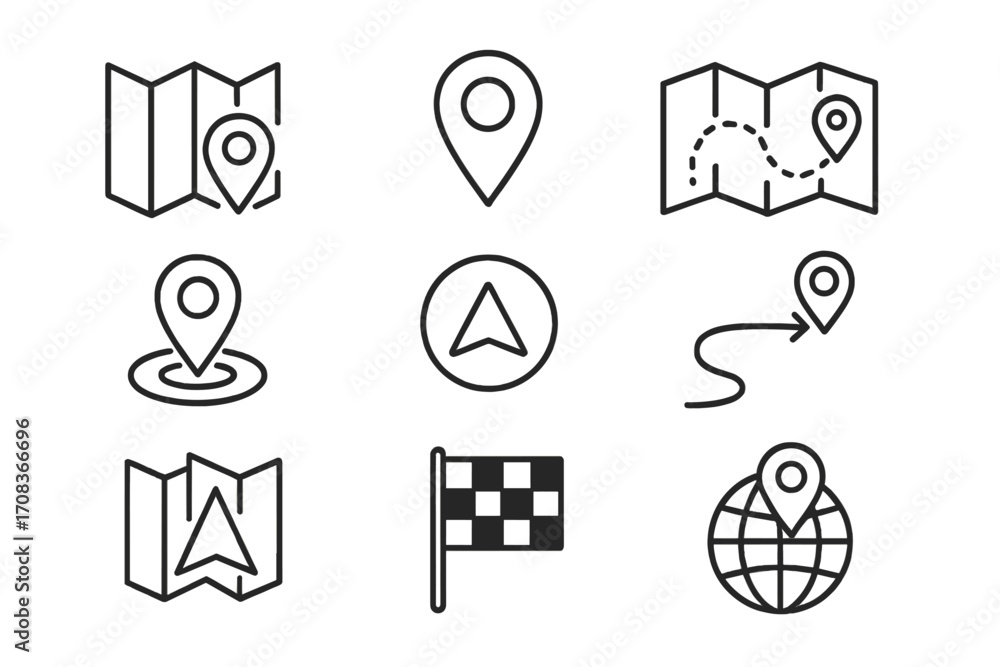 Poster navigation and location line icon set. map, gps, direction, and route vector symbols. destination, p