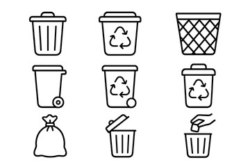 Trash and recycling line icon set for waste management. Garbage disposal vector symbols. Bin, container, and dustbin collection for ecology and environmental concepts. Rubbish.