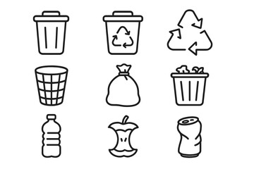 Trash and recycling line icon set. Waste management and garbage disposal vector graphics. Simple outline icons of rubbish bin, recycle symbol, bottle and organic waste.