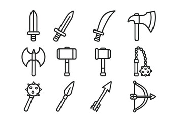 Naklejka premium Medieval weapon line icon set. Fantasy swords, axes, war hammer, mace, flail, spear, and bow. RPG game assets vector. Outline warrior equipment for viking or barbarian.